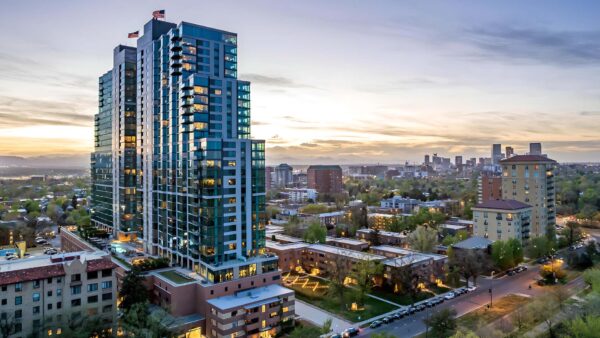 Country Club Towers and Gardens apartments at dusk.
